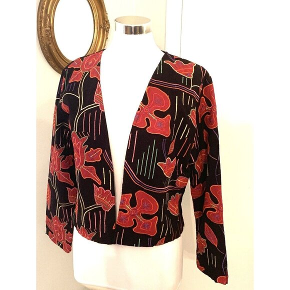 Women’s M Black Red Floral Jacket Embroidered Open Front Art to Wear Black boho - Picture 12 of 13